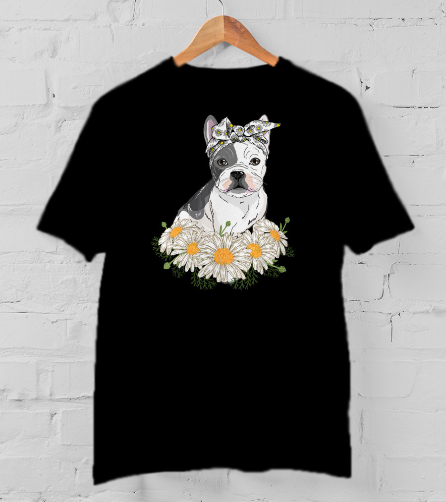 French Bulldog With Daisy Headband And Flower Garden T-Shirt