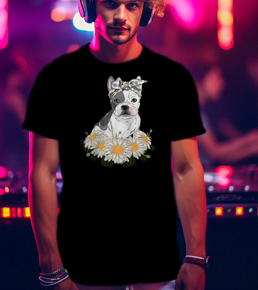 French Bulldog With Daisy Headband And Flower Garden T-Shirt
