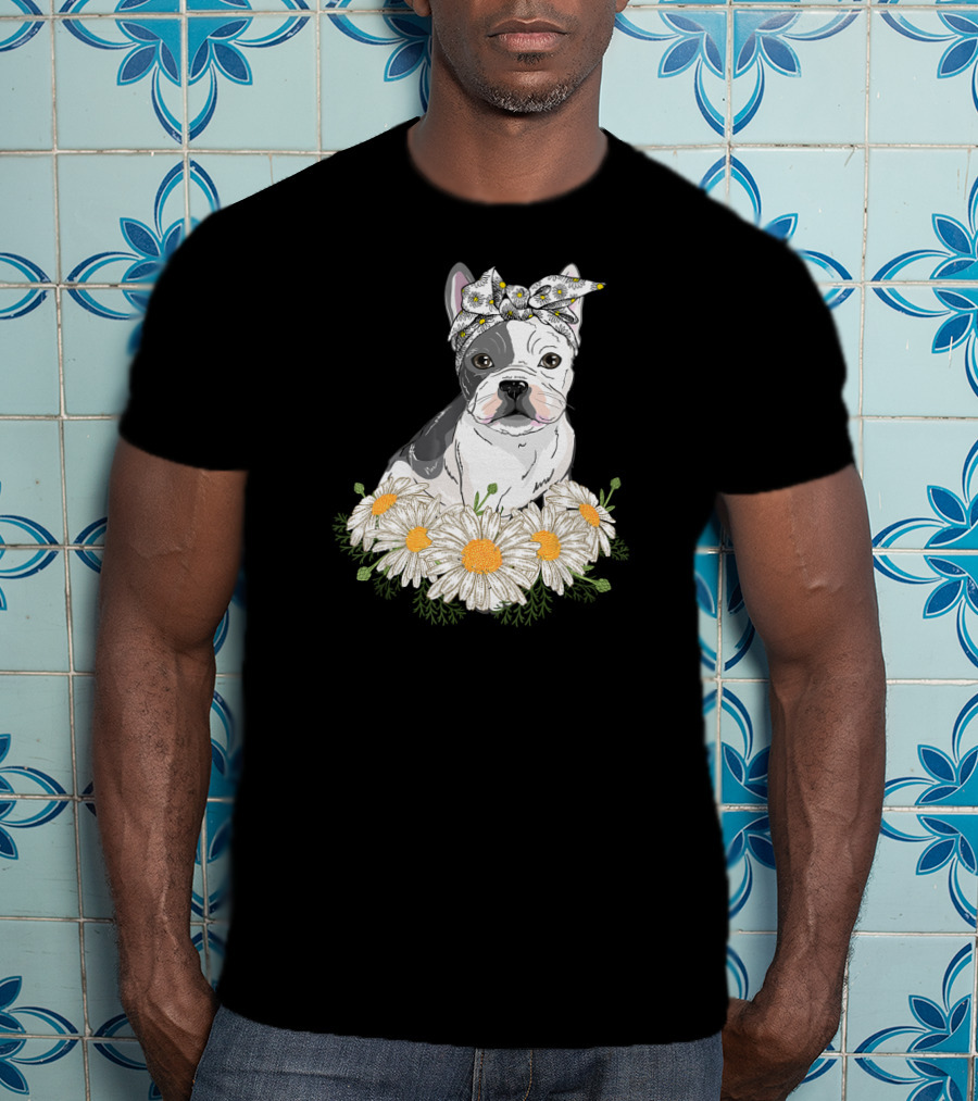 French Bulldog With Daisy Headband And Flower Garden T-Shirt