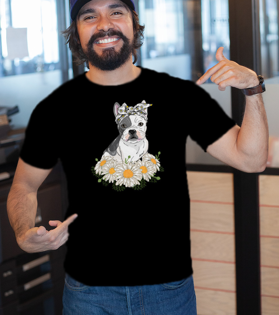 French Bulldog With Daisy Headband And Flower Garden T-Shirt