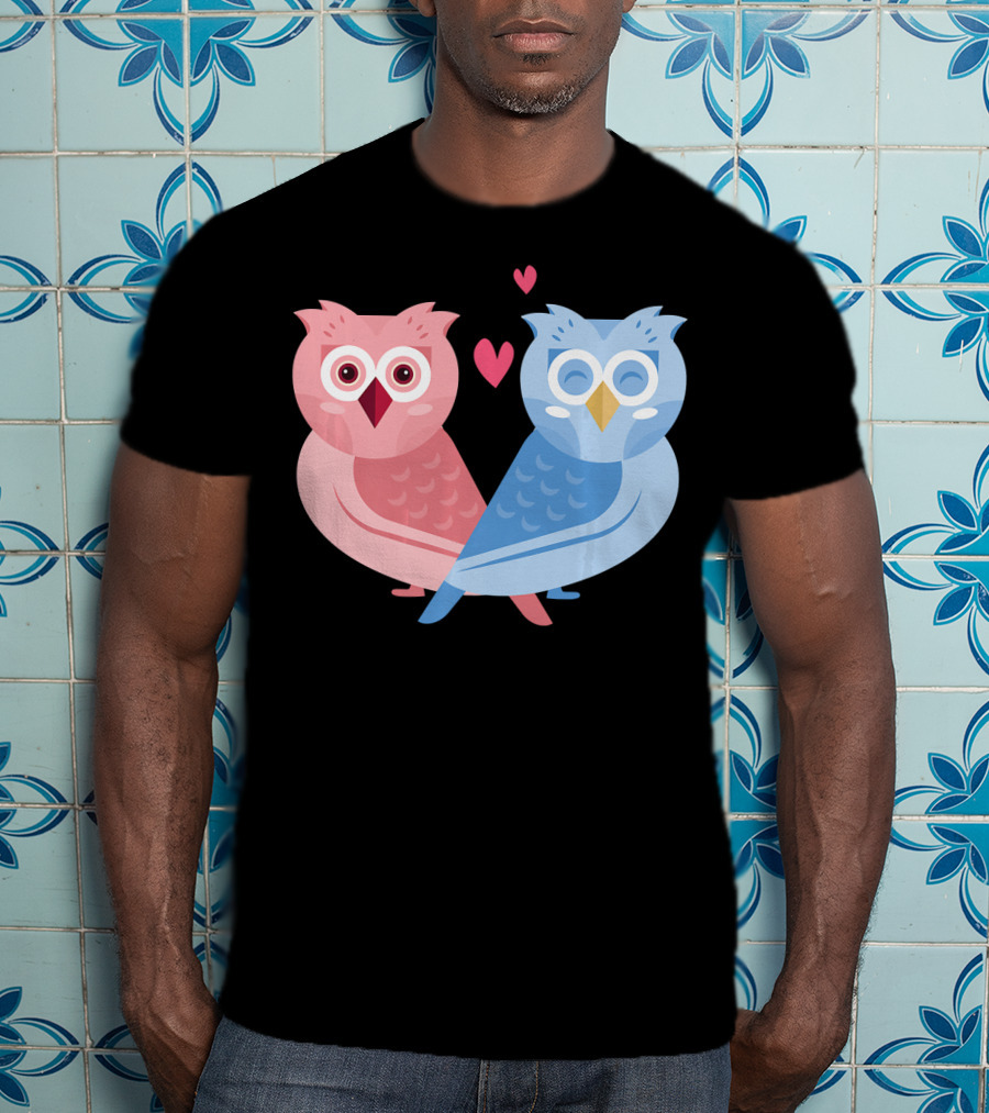Cute Owls Birds In Love Couple With Hearts T-Shirt