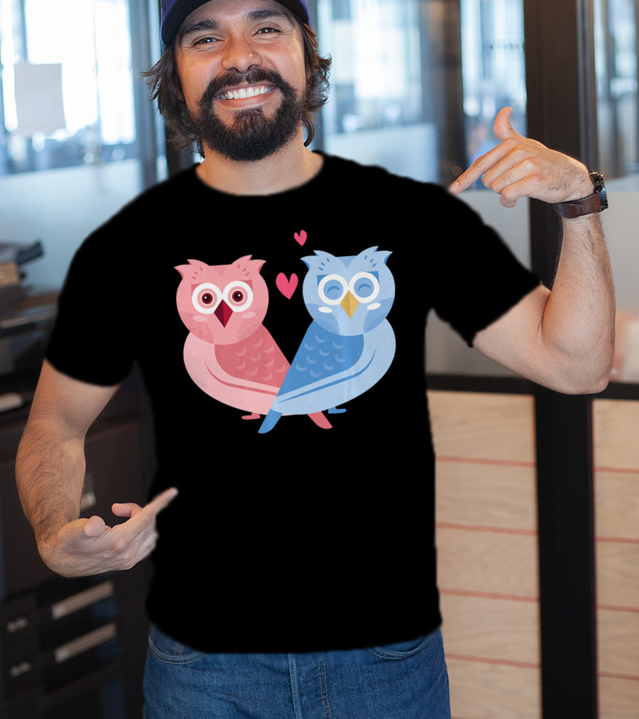 Cute Owls Birds In Love Couple With Hearts T-Shirt