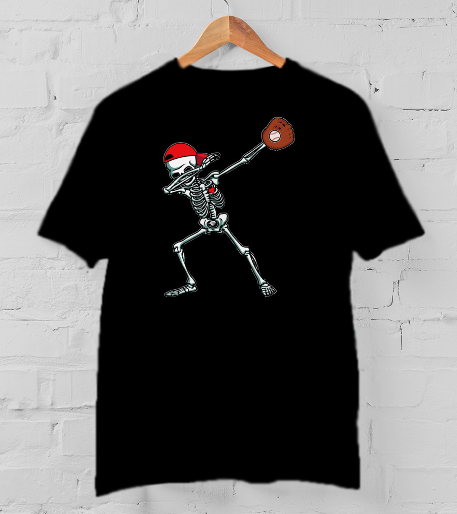 Skeleton Dabbing In Red Cap With Baseball Glove T-Shirt