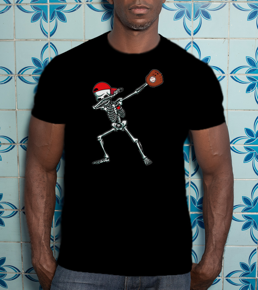 Skeleton Dabbing In Red Cap With Baseball Glove T-Shirt