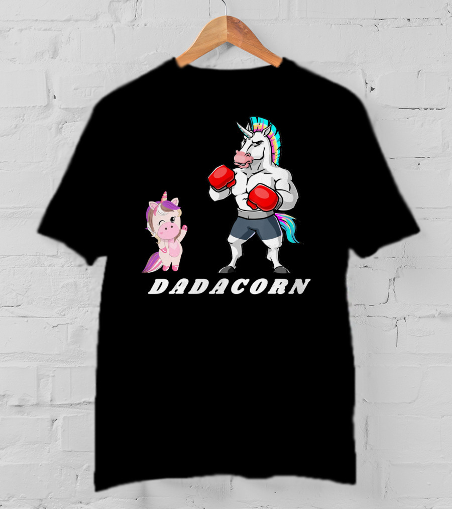 Dadacorn Boxing Unicorn Dad Baby With Muscle And Rainbow Mane T-Shirt