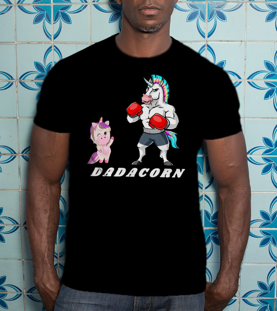 Dadacorn Boxing Unicorn Dad Baby With Muscle And Rainbow Mane T-Shirt
