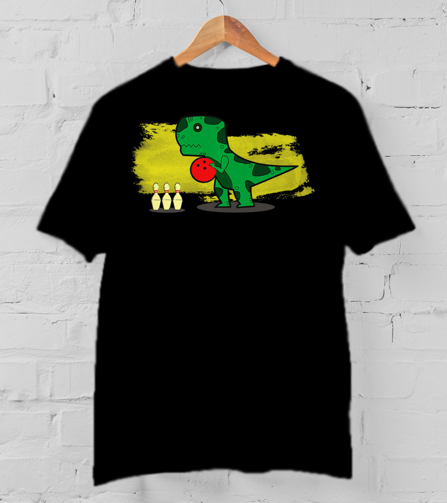 Dino Bowler With Red Bowling Ball And Pins In Yellow Splash Background T-Shirt