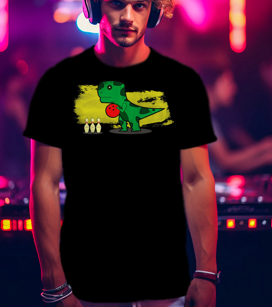 Dino Bowler With Red Bowling Ball And Pins In Yellow Splash Background T-Shirt