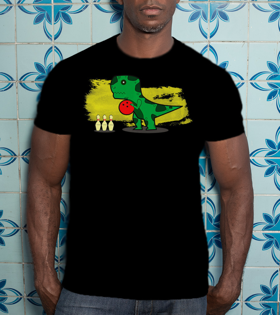 Dino Bowler With Red Bowling Ball And Pins In Yellow Splash Background T-Shirt