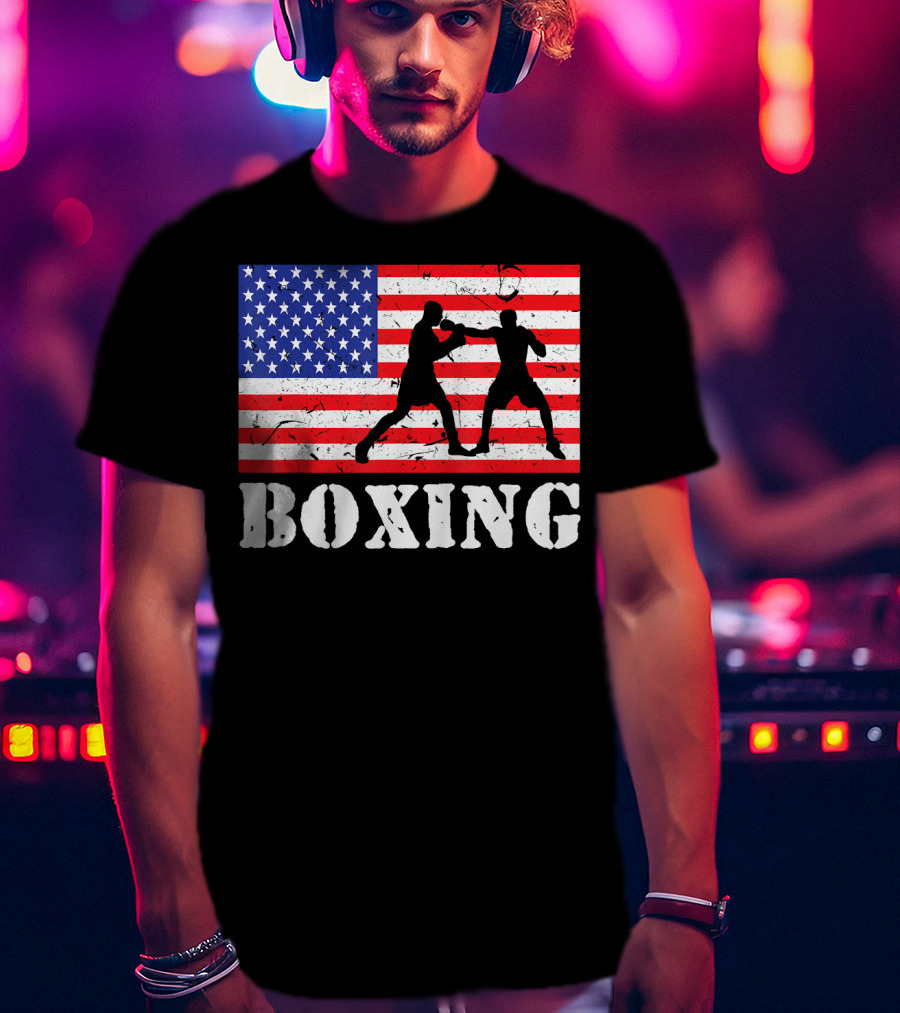 Distressed Boxing USA American Flag With Fighters T-Shirt