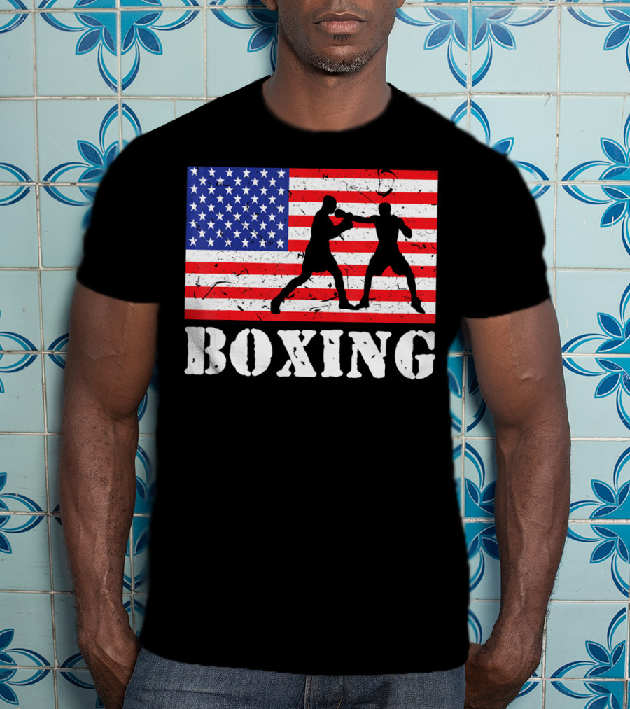 Distressed Boxing USA American Flag With Fighters T-Shirt