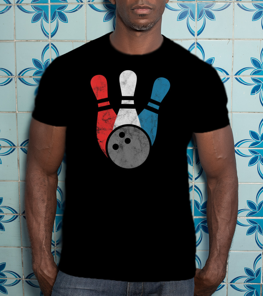Distressed Bowling Red White Blue Bowling Pins T-Shirt
