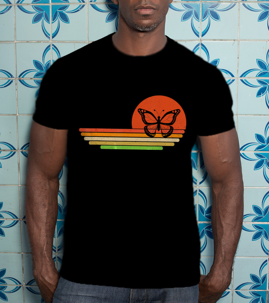 Distressed Butterfly Retro Sunset Stripes T-Shirt
