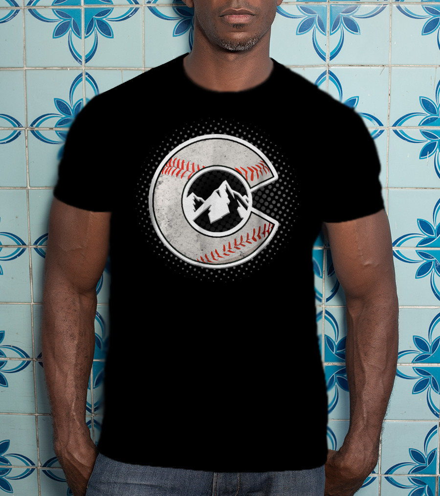 Distressed Colorado Baseball C With Mountain And Stitching T-Shirt