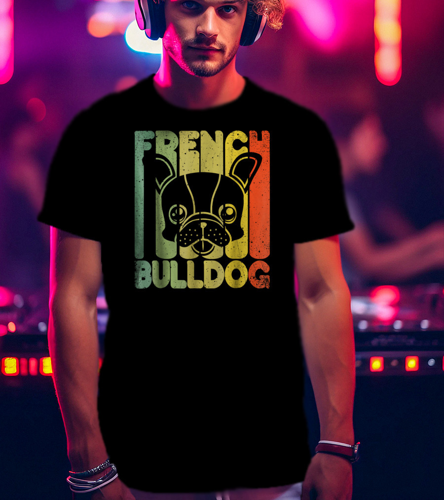 Distressed French Bulldog Vintage Rainbow Stripes T-Shirt
