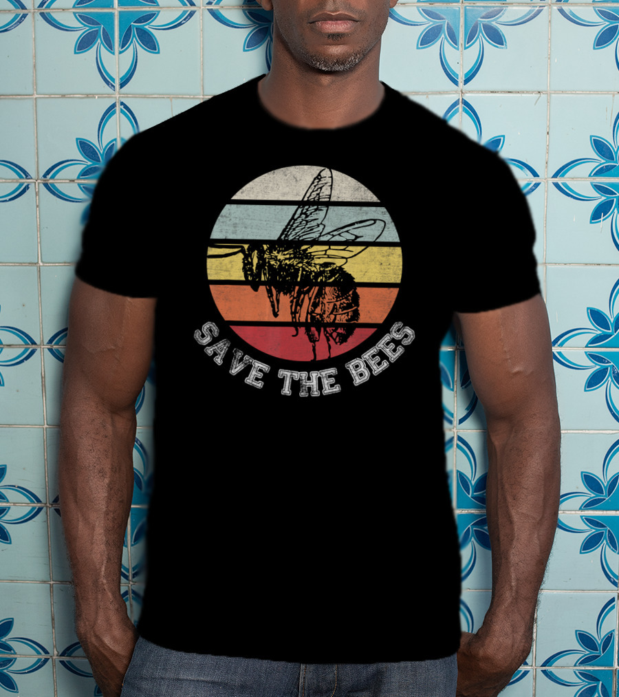 Save The Bees Distressed Vintage Rainbow Stripe T-Shirt