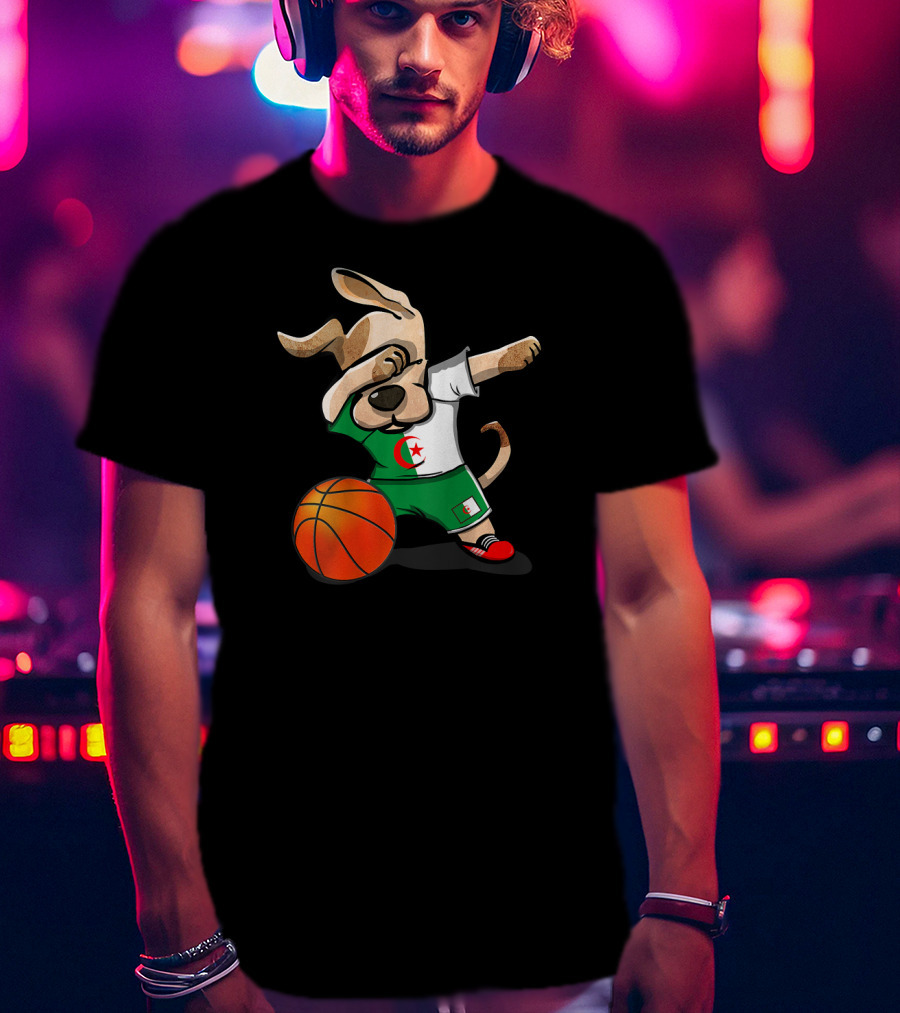 Dog Dabbing Basketball Algeria Flag Jersey T-Shirt