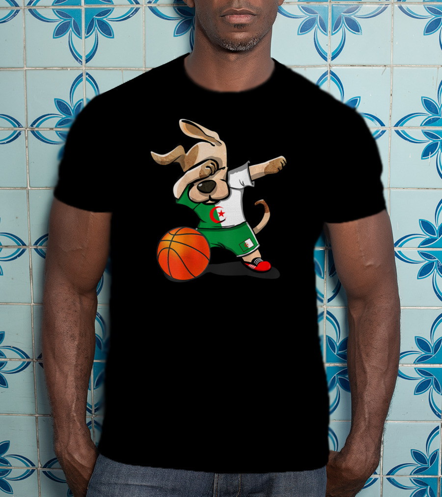 Dog Dabbing Basketball Algeria Flag Jersey T-Shirt