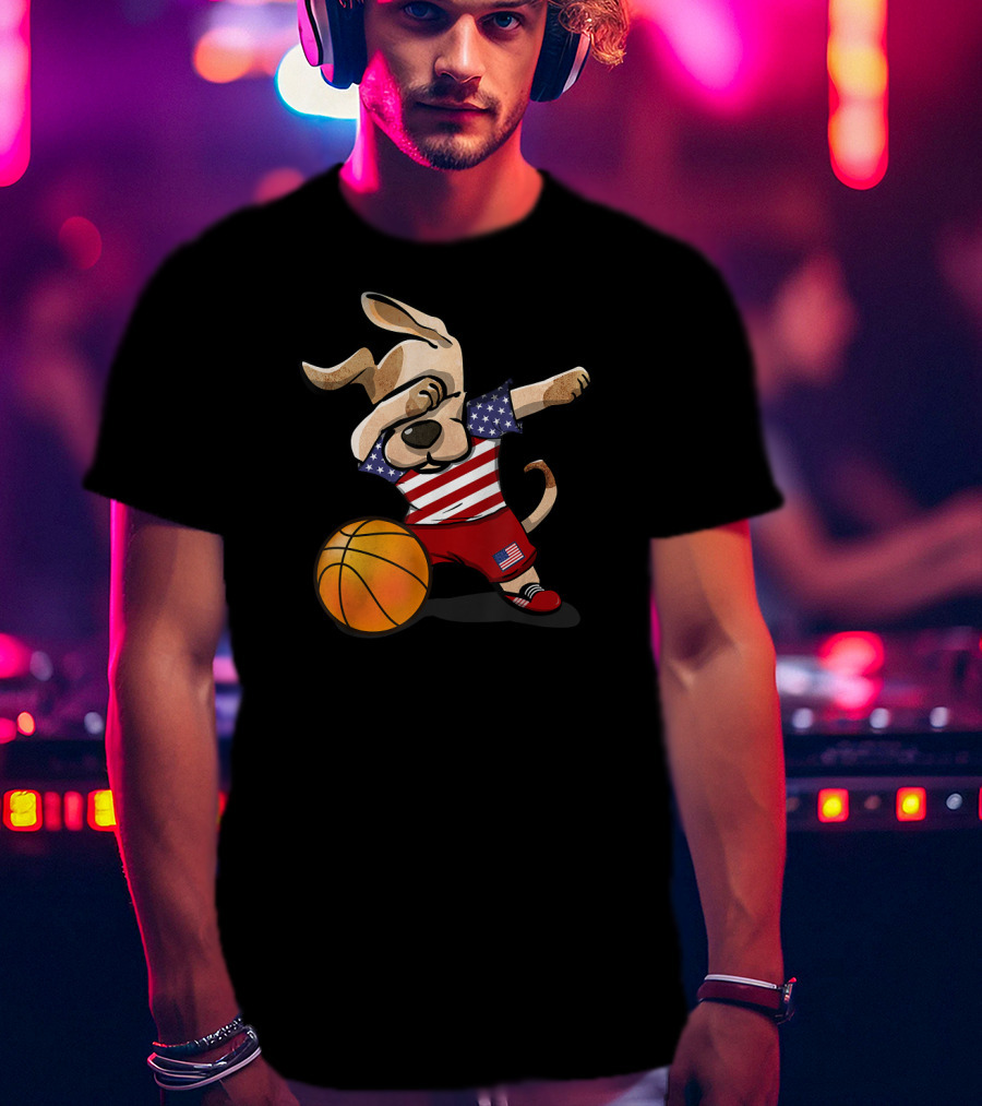 USA Basketball Dog Dabbing With American Flag T-Shirt