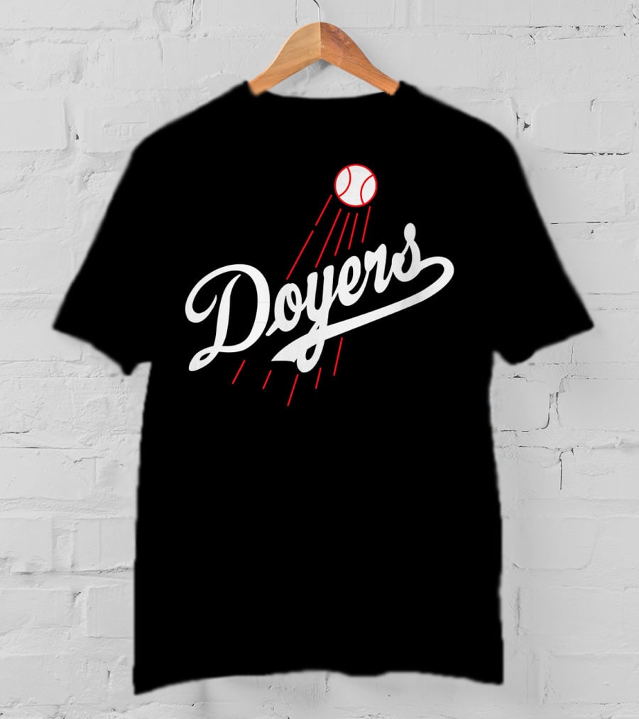 Doyers Baseball Red And White Script With Flying Ball T-Shirt