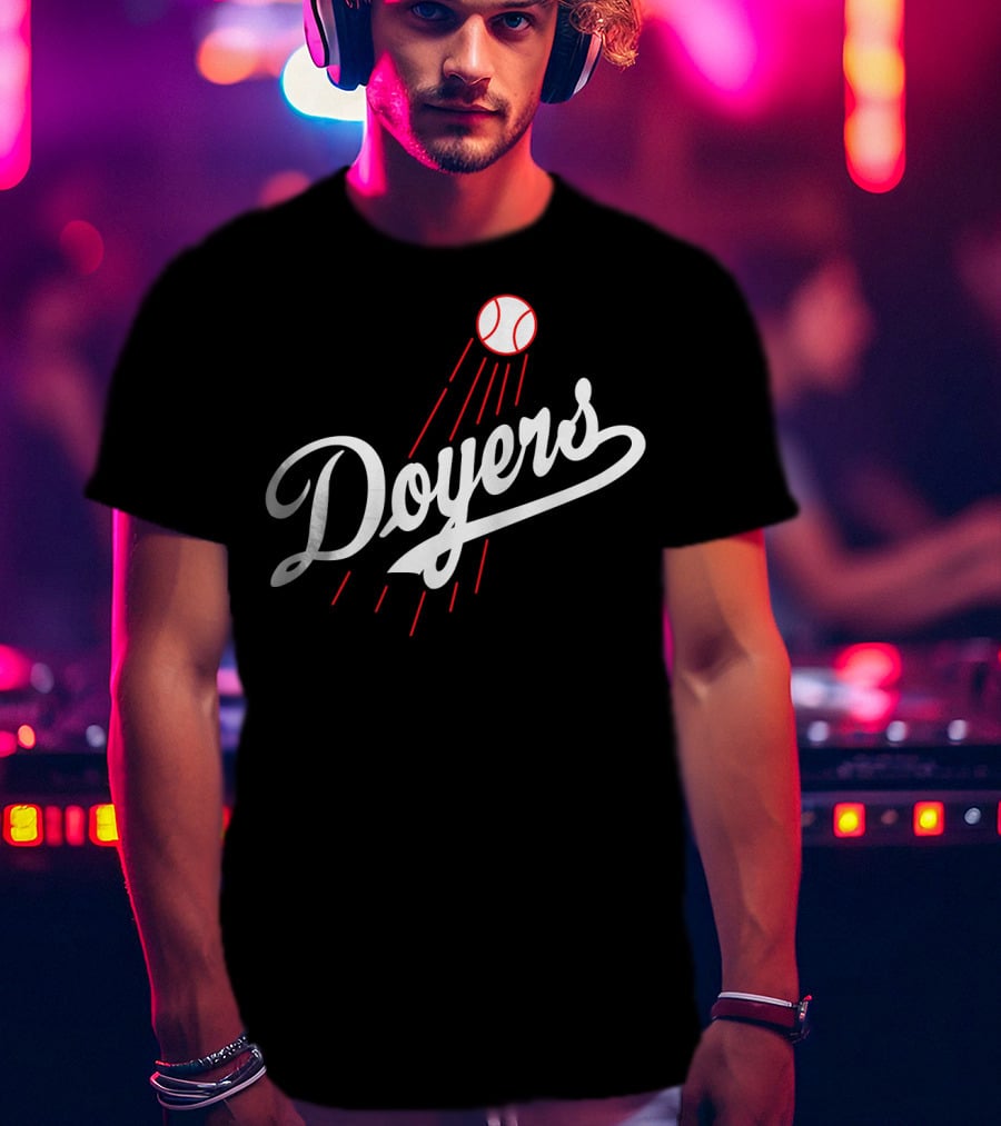 Doyers Baseball Red And White Script With Flying Ball T-Shirt