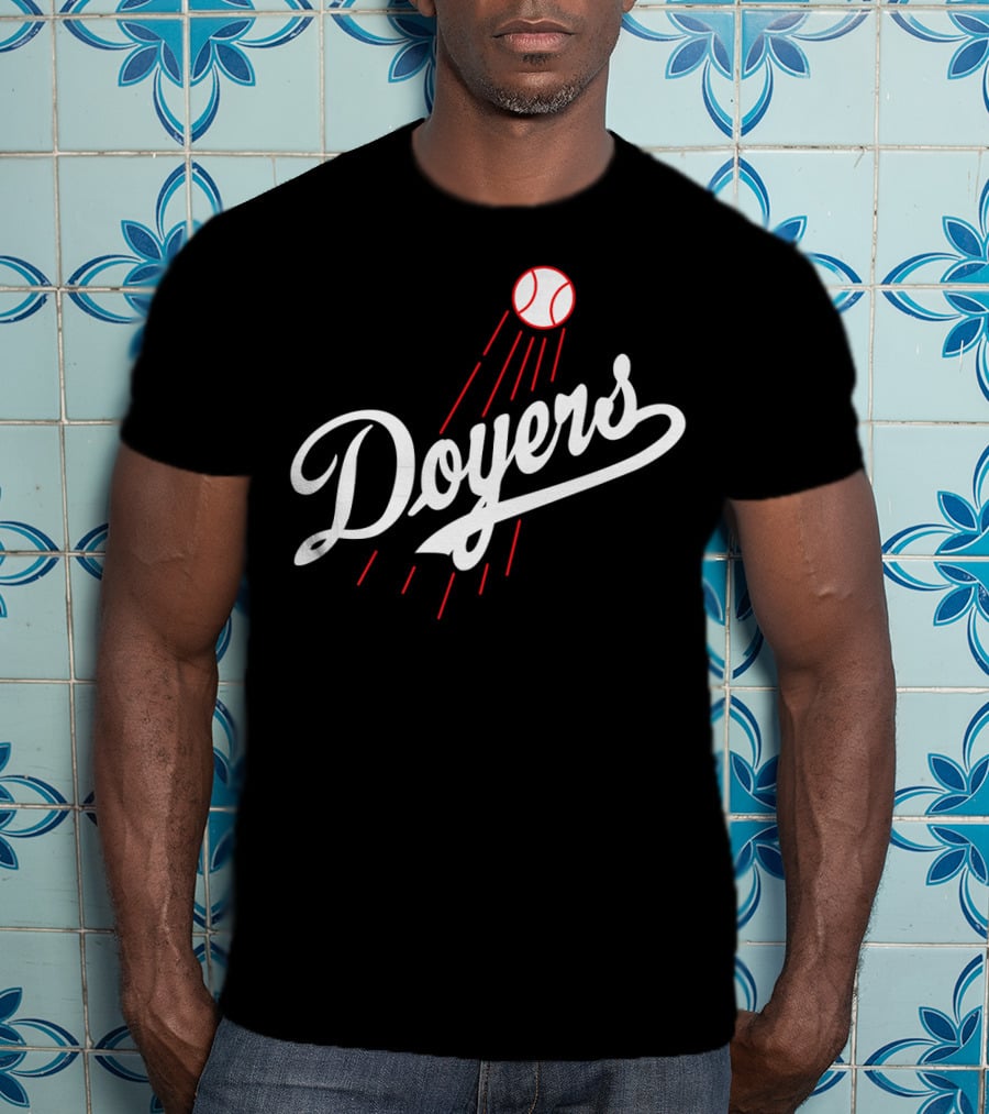 Doyers Baseball Red And White Script With Flying Ball T-Shirt