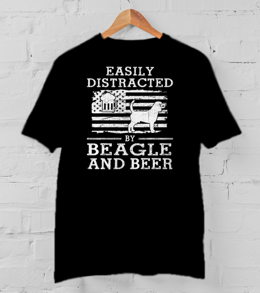 Easily Distracted By Beagle And Beer American Flag T-Shirt