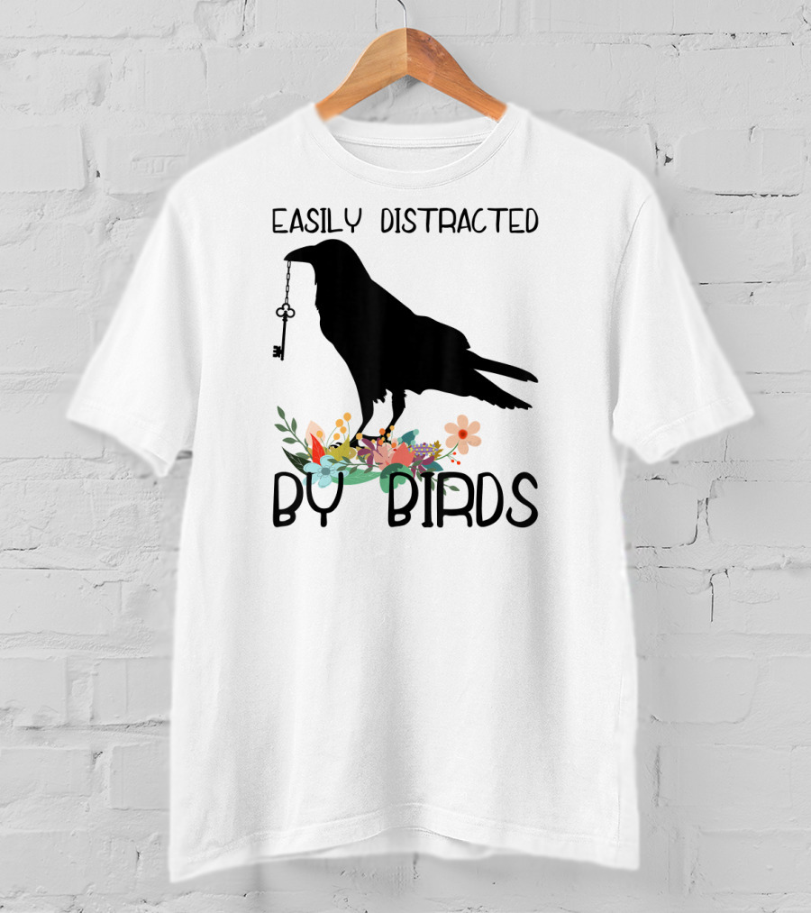Easily Distracted By Birds Silhouette Of Bird With Key And Floral Elements T-Shirt