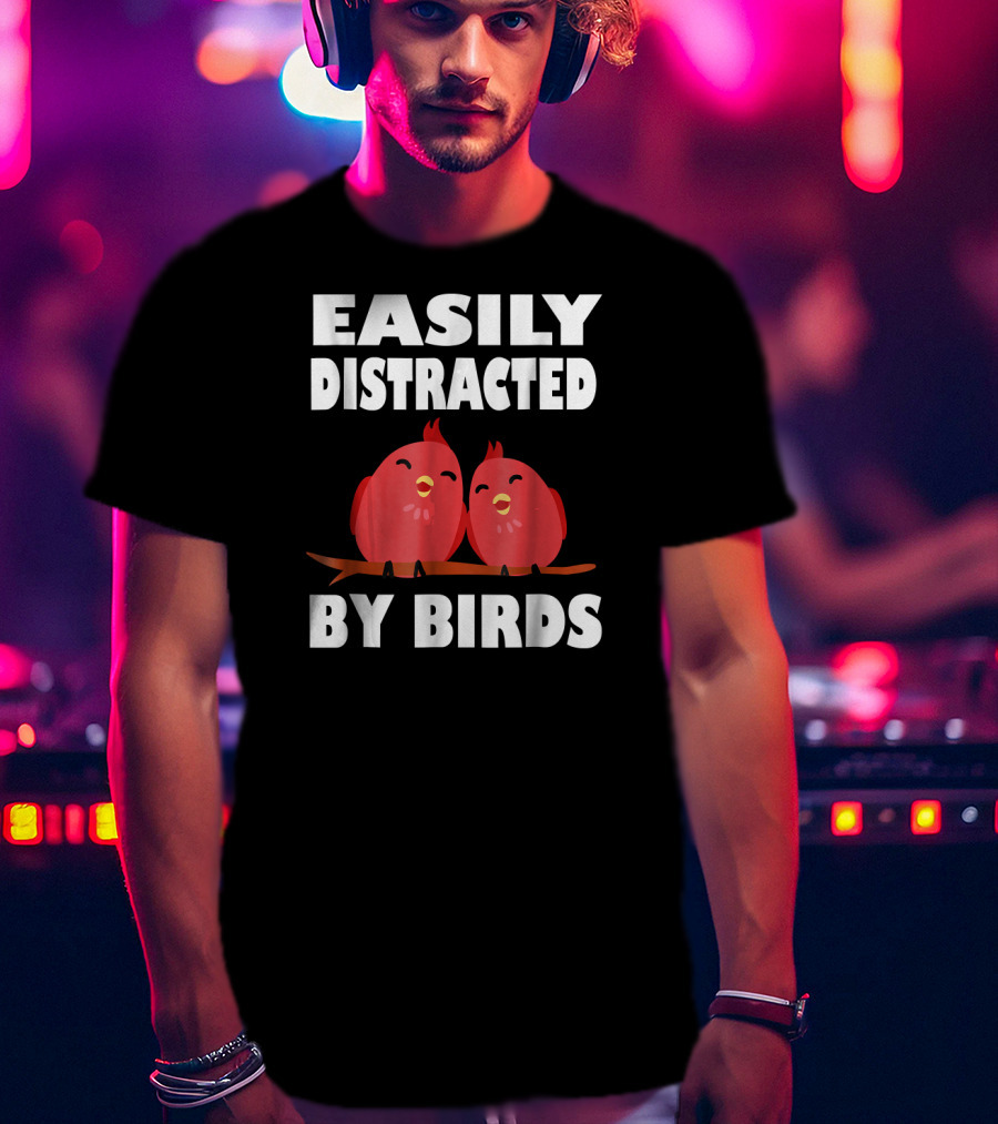 Easily Distracted By Birds Red Cartoon Style Bird Pair T-Shirt