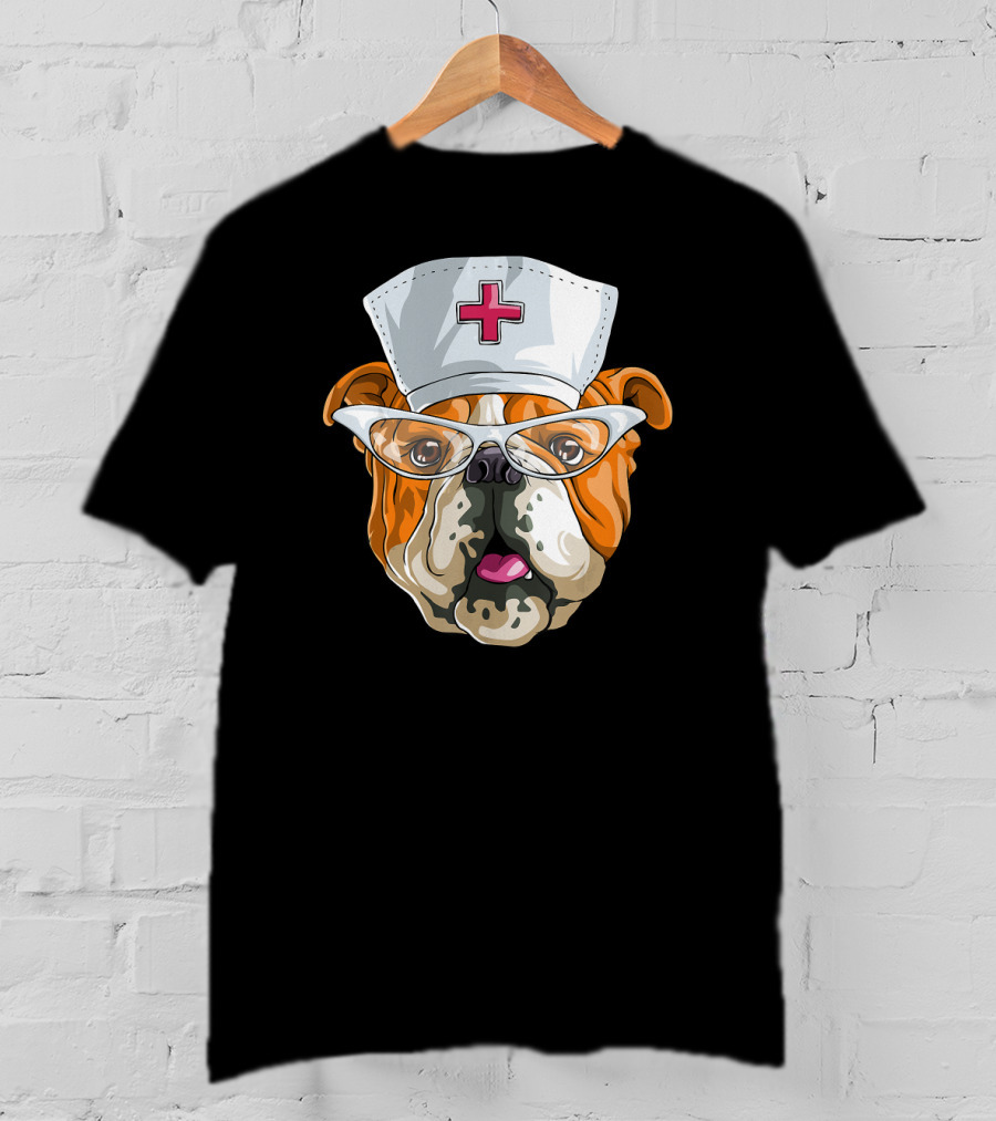 English Bulldog Nurse Hat Glasses Dog T-Shirt