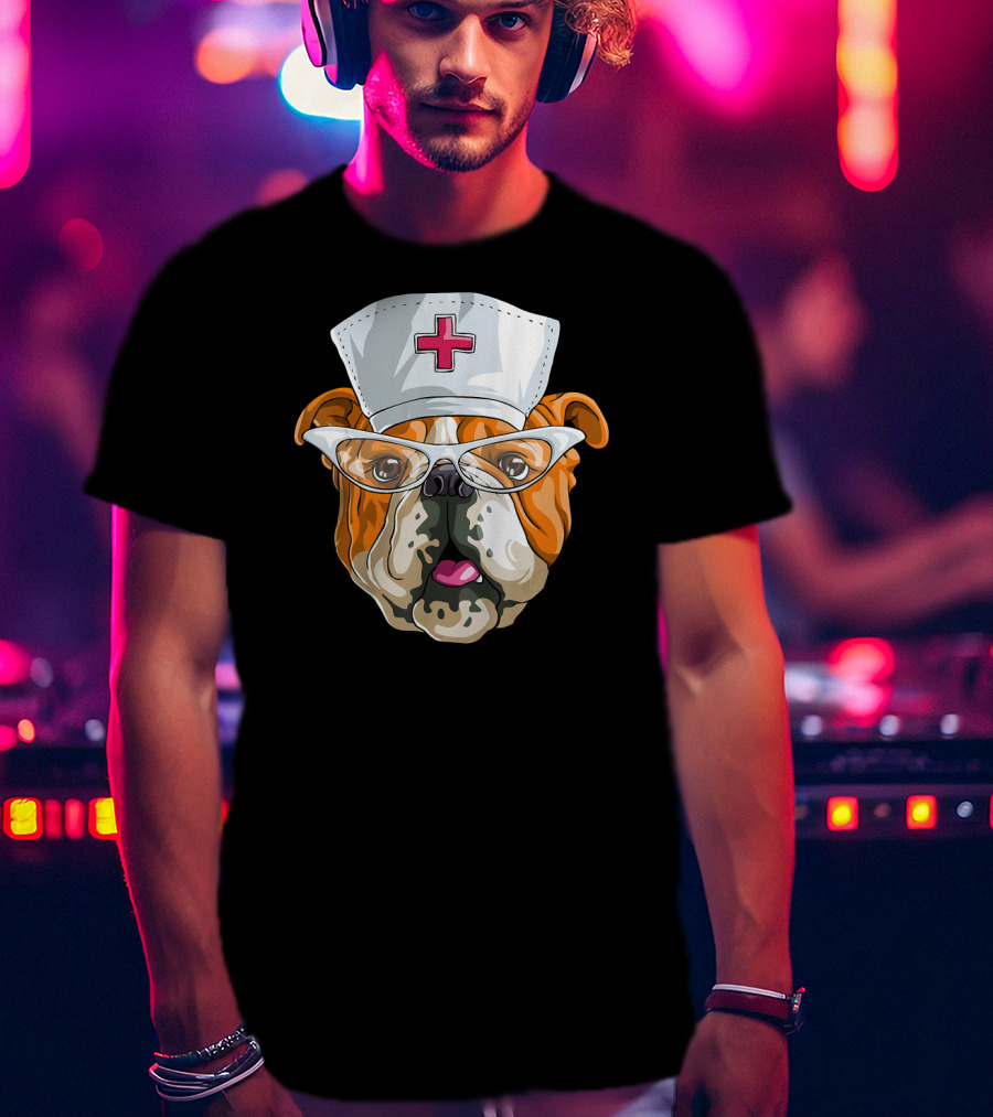 English Bulldog Nurse Hat Glasses Dog T-Shirt