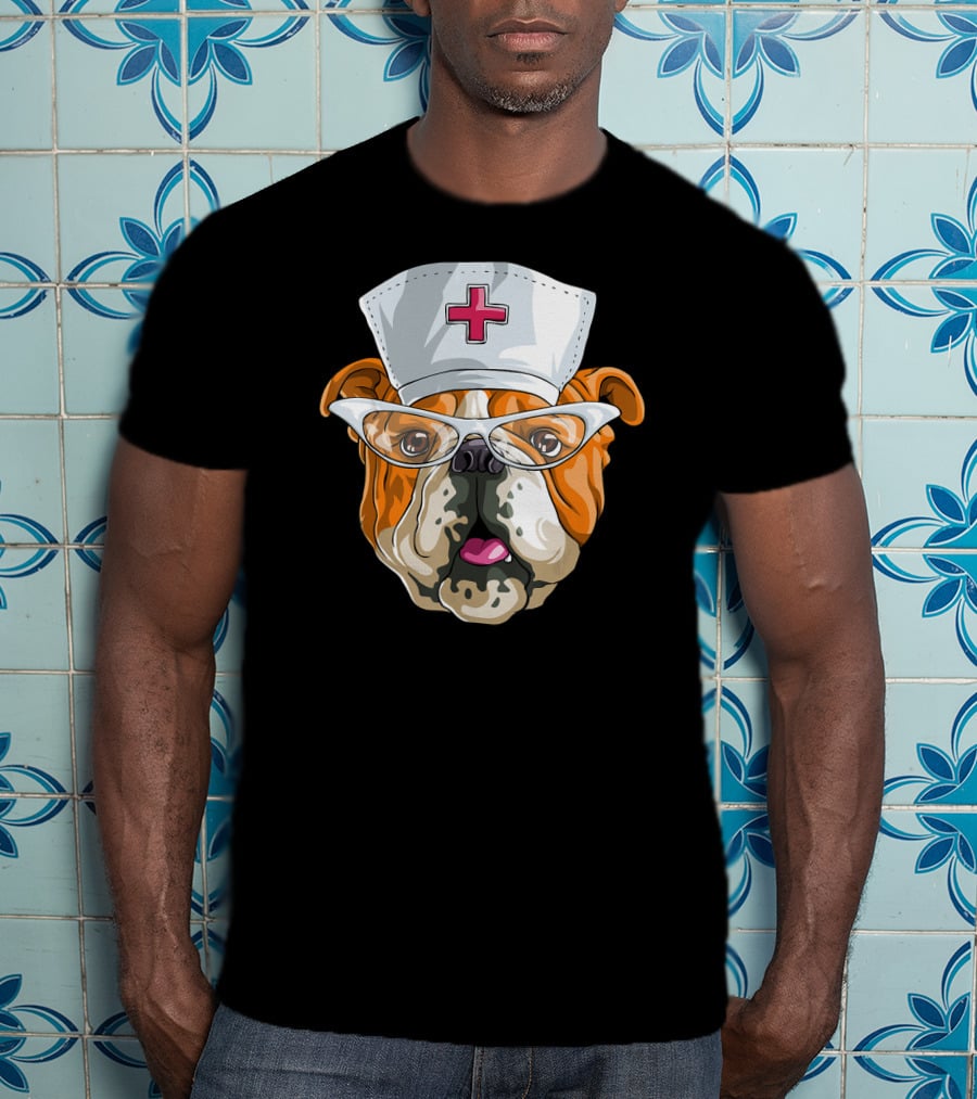 English Bulldog Nurse Hat Glasses Dog T-Shirt