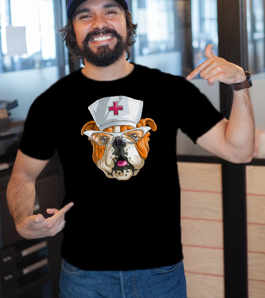 English Bulldog Nurse Hat Glasses Dog T-Shirt