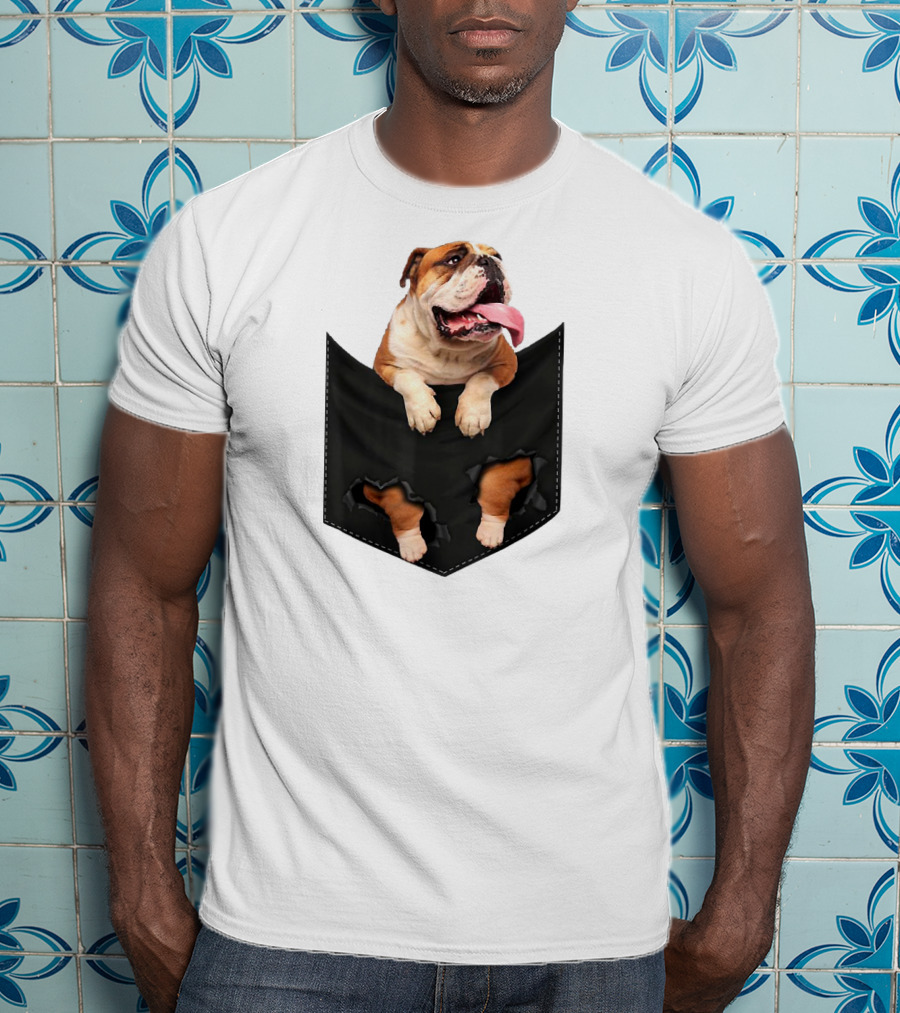 English Bulldog Pocket Mid Bulldog Peeking Out T-Shirt