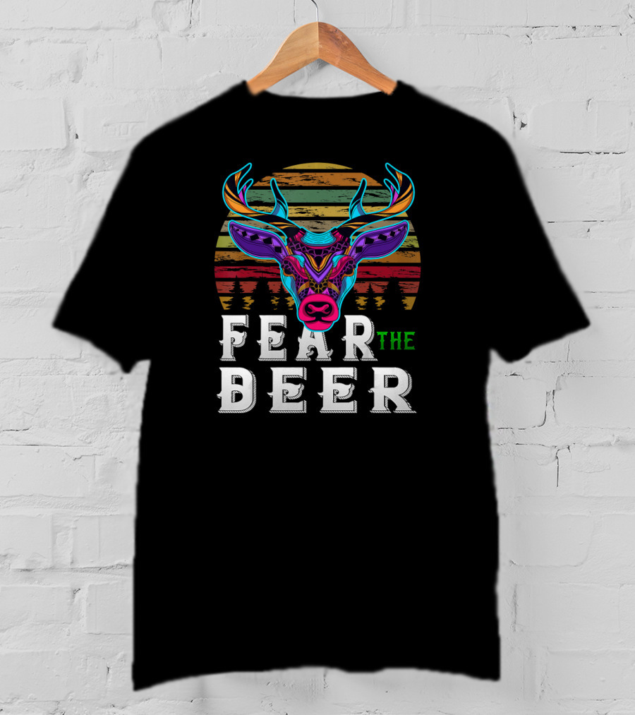 Fear The Deer Colorful Deer Head And Sunset Stripes T-Shirt
