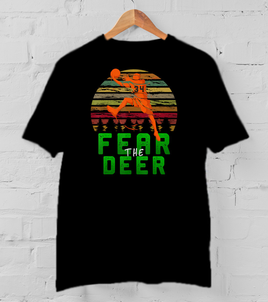 Fear The Deer 34 Milwaukee Basketball Retro Sunset Forest Jumper T-Shirt