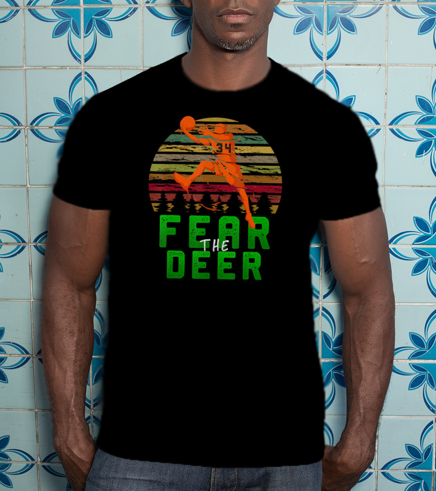 Fear The Deer 34 Milwaukee Basketball Retro Sunset Forest Jumper T-Shirt