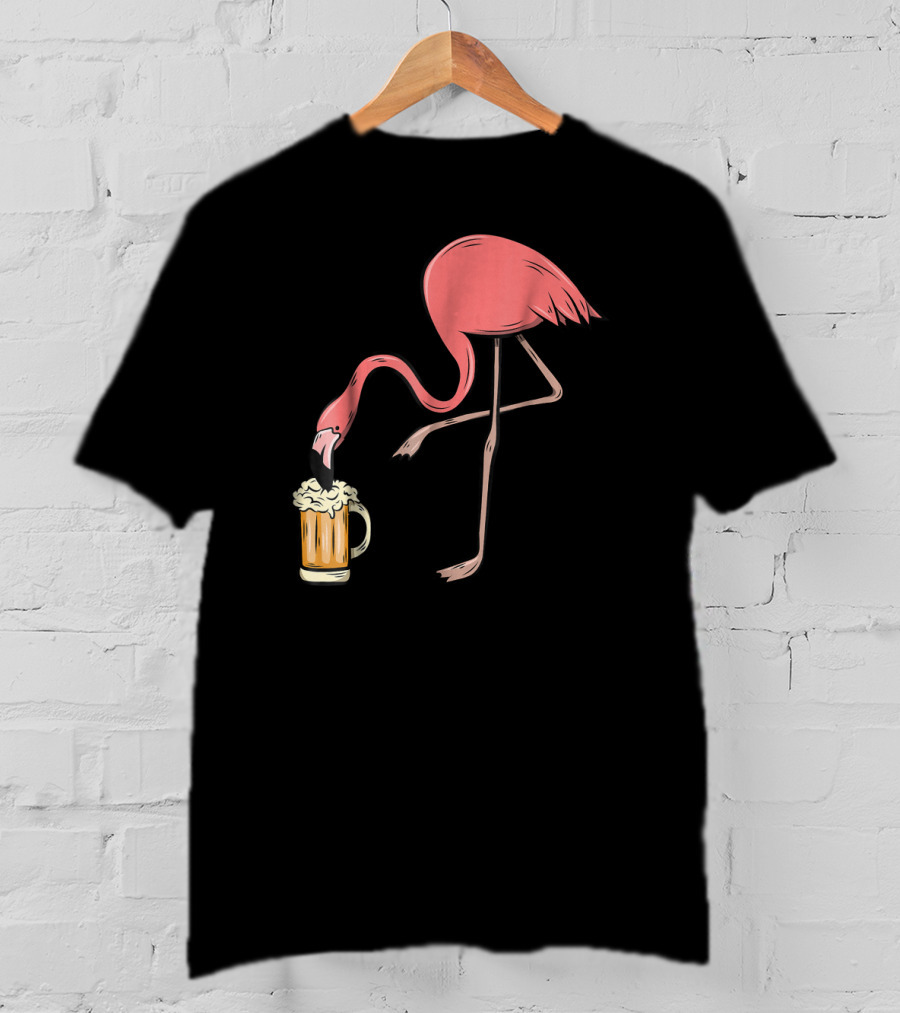 Funny Pink Flamingo Drinking Beer Illustrative Humor T-Shirt