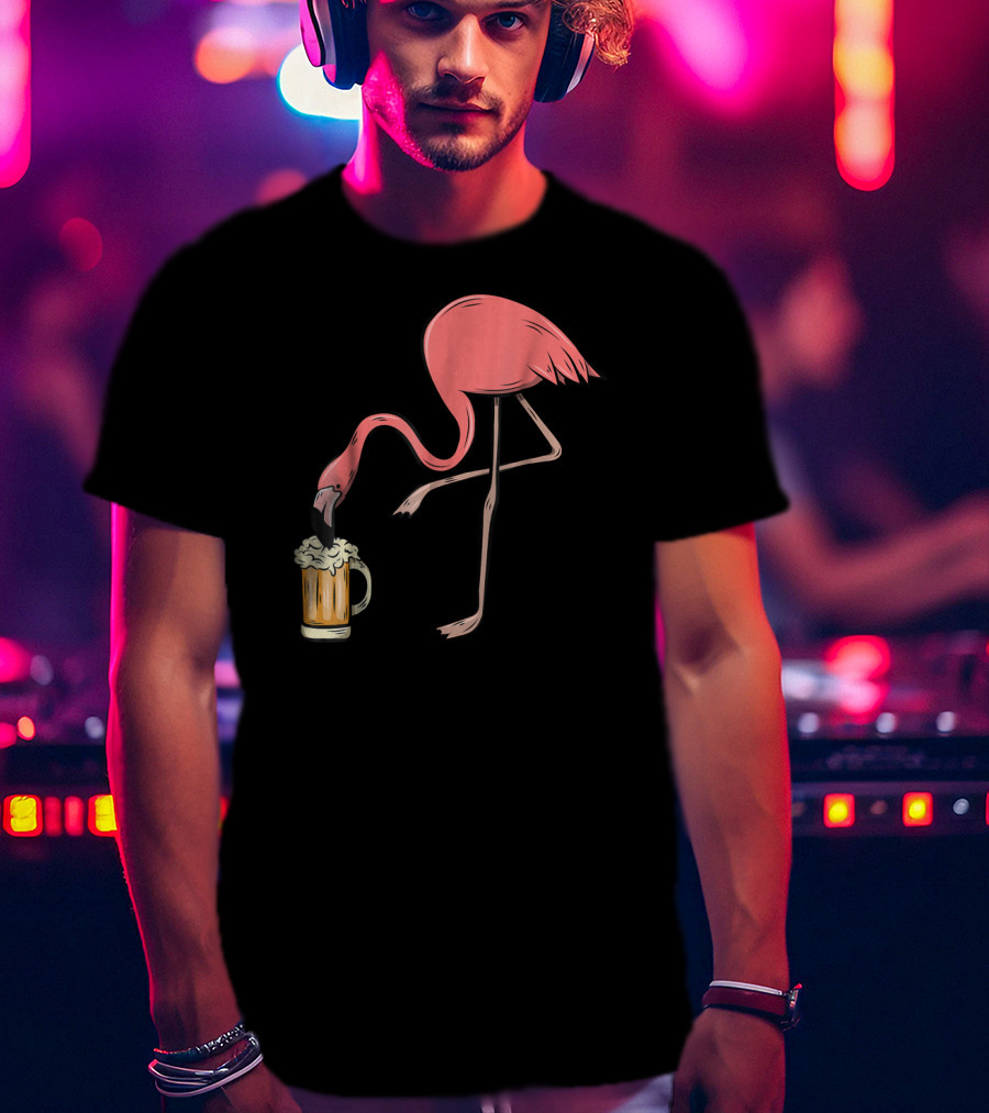 Funny Pink Flamingo Drinking Beer Illustrative Humor T-Shirt