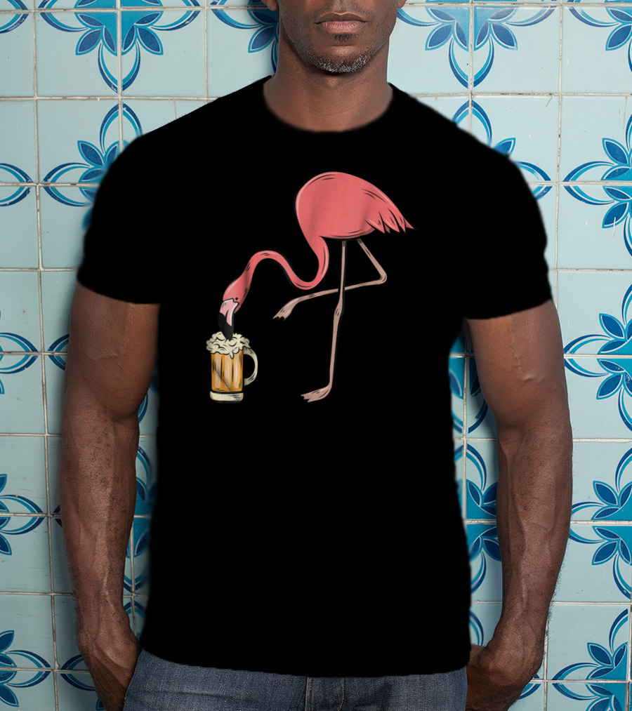 Funny Pink Flamingo Drinking Beer Illustrative Humor T-Shirt