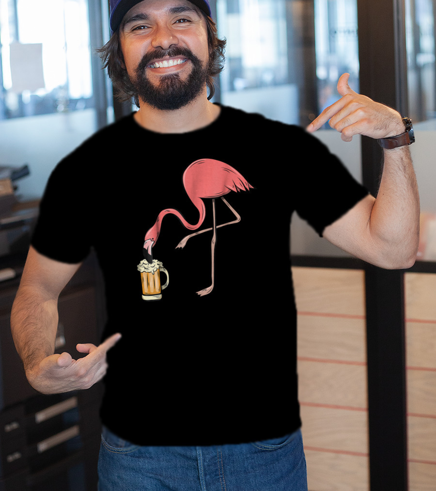 Funny Pink Flamingo Drinking Beer Illustrative Humor T-Shirt