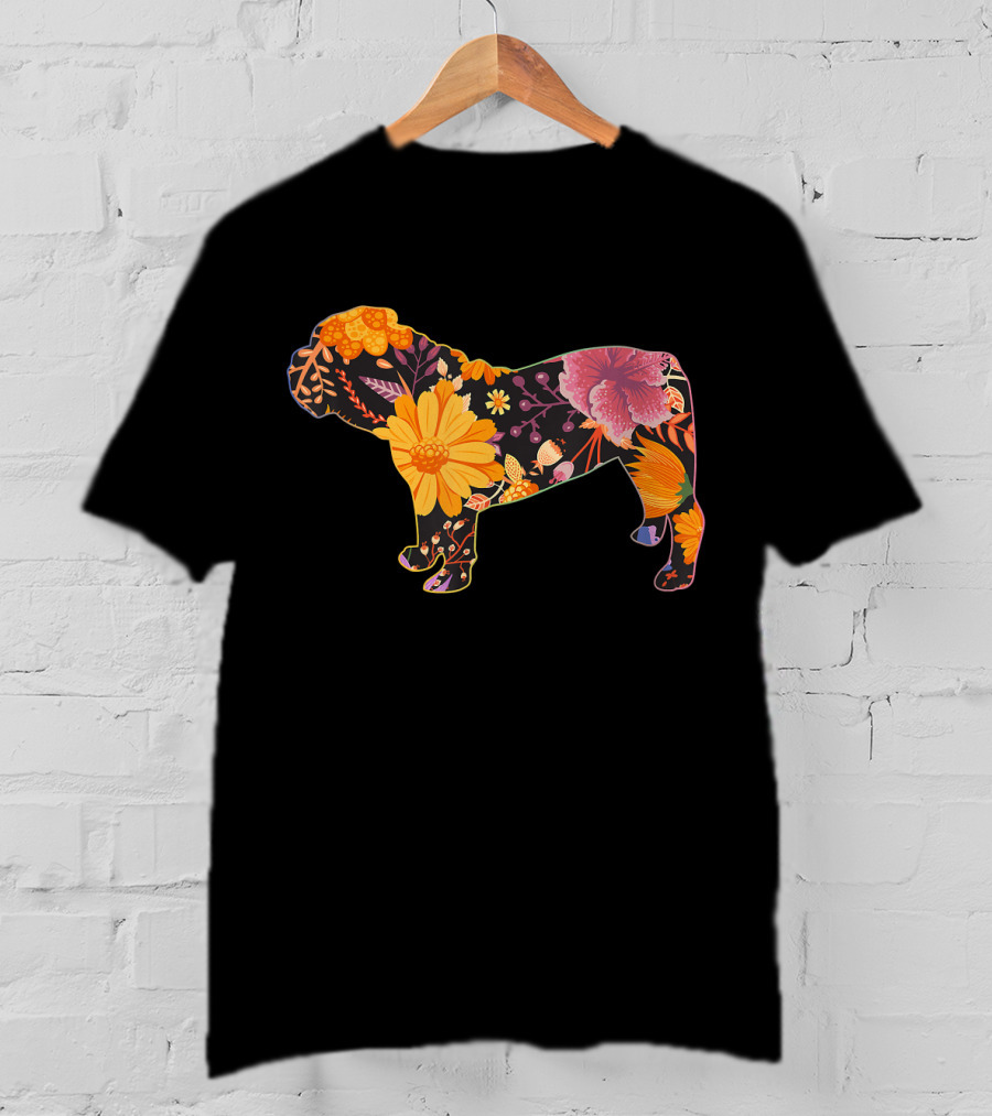 Floral Flower Vintage Bulldog Silhouette With Colorful Botanical T-Shirt