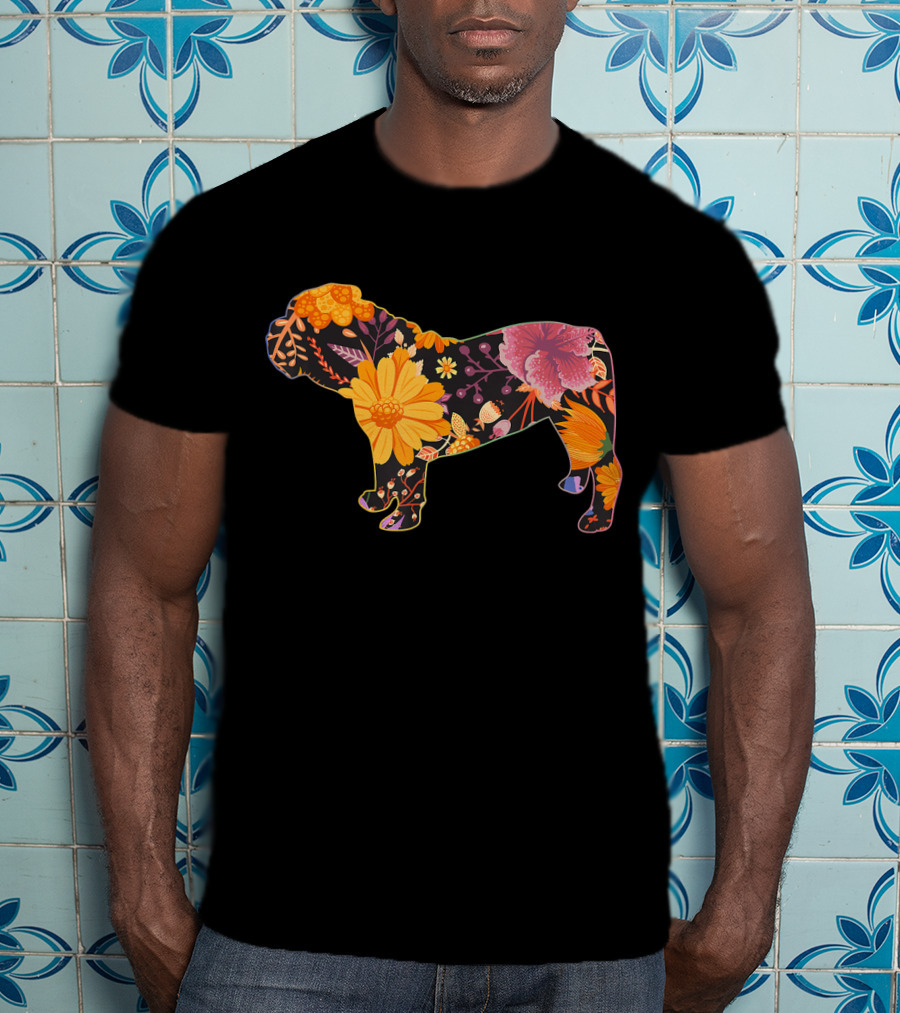 Floral Flower Vintage Bulldog Silhouette With Colorful Botanical T-Shirt