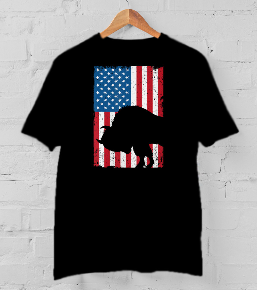 Fourth Of July Bison Patriot American Flag Silhouette Independence Day T-Shirt