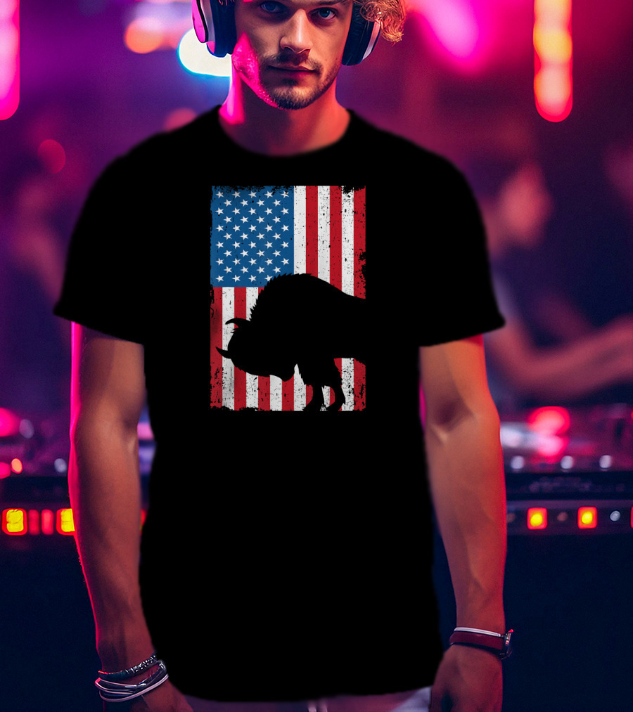 Fourth Of July Bison Patriot American Flag Silhouette Independence Day T-Shirt