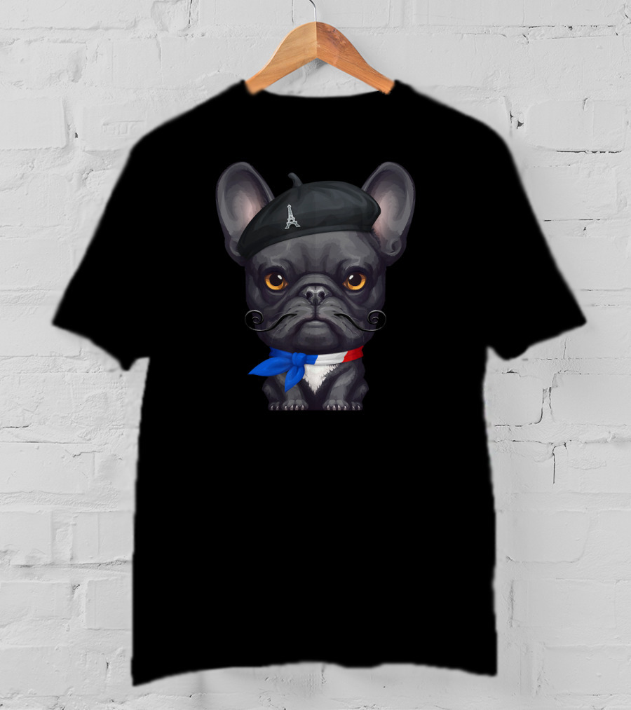 French Bulldog Paris Eiffel Tower Beret Mustache Look T-Shirt