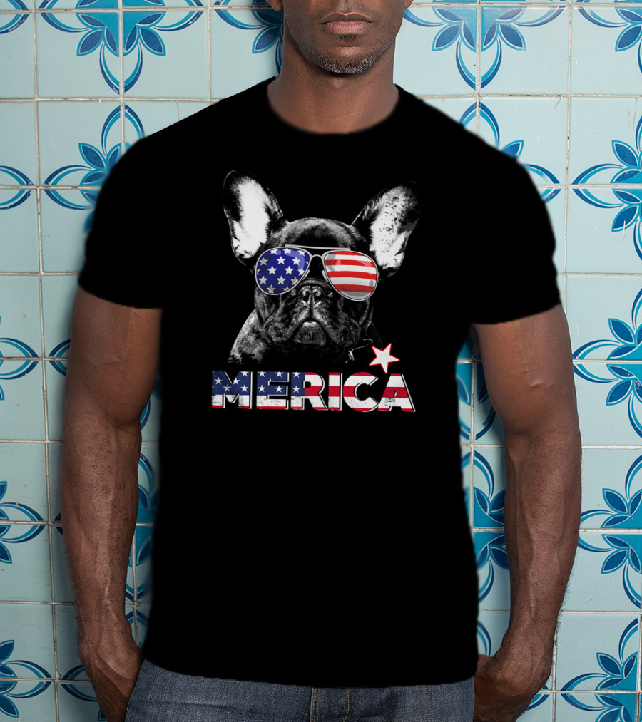 French Bulldog Merica Patriotic Star-Spangled Sunglasses USA T-Shirt