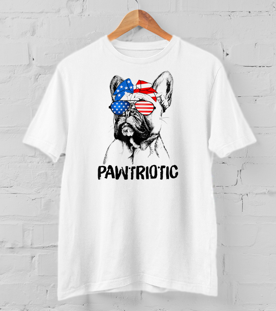 Pawtriotic French Bulldog With American Flag Bandana And Sunglasses T-Shirt