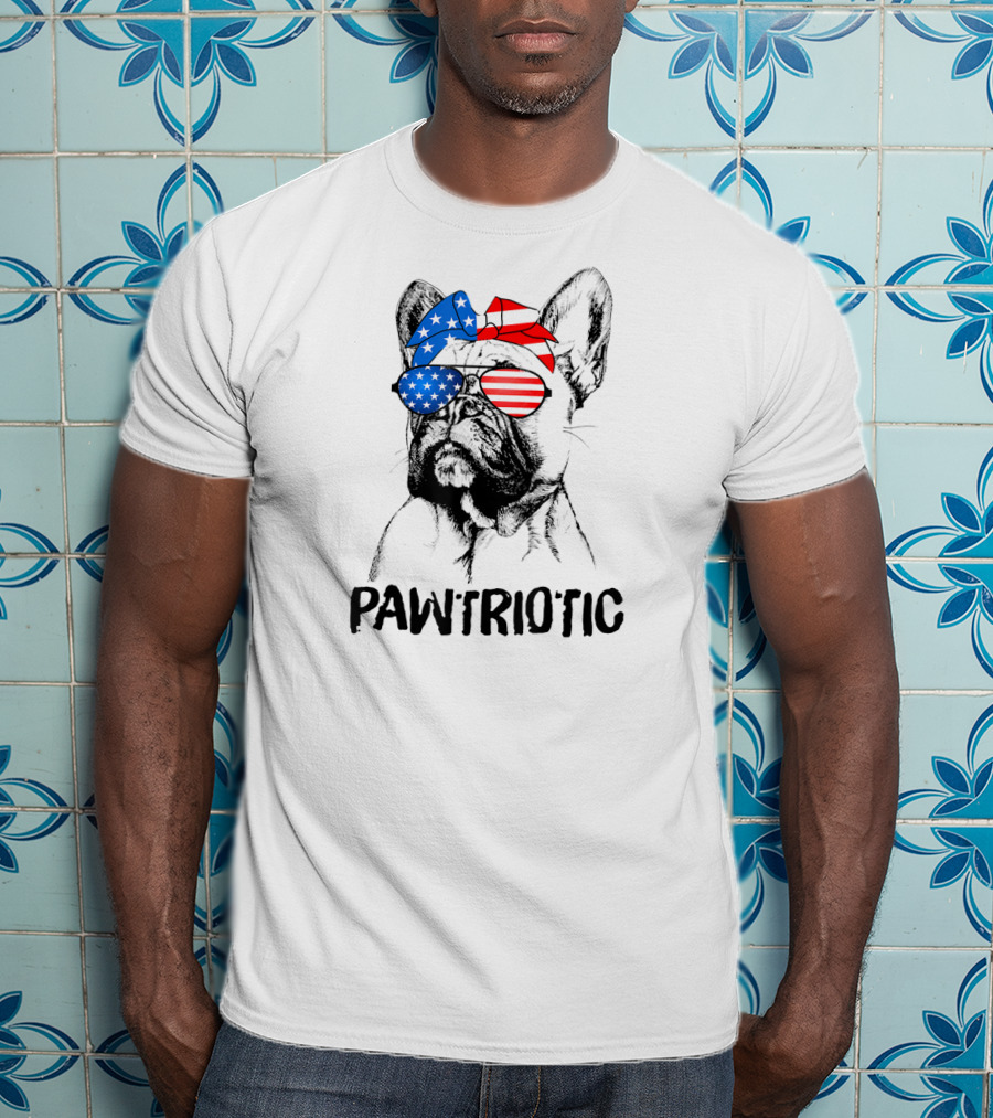 Pawtriotic French Bulldog With American Flag Bandana And Sunglasses T-Shirt