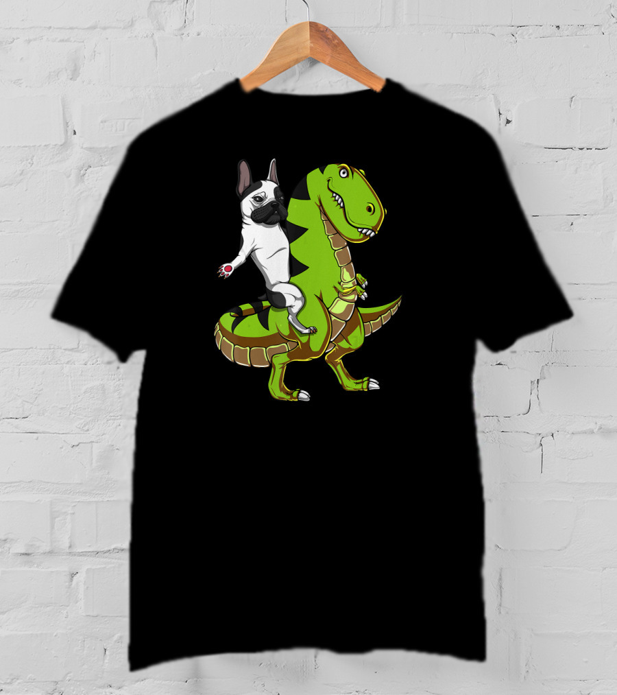 French Bulldog Riding T-Rex Dinosaur Adventure T-Shirt
